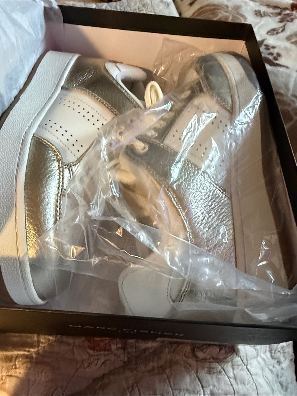 Marc Fisher Ivory and Metallic Silver Low-Top Sneakers